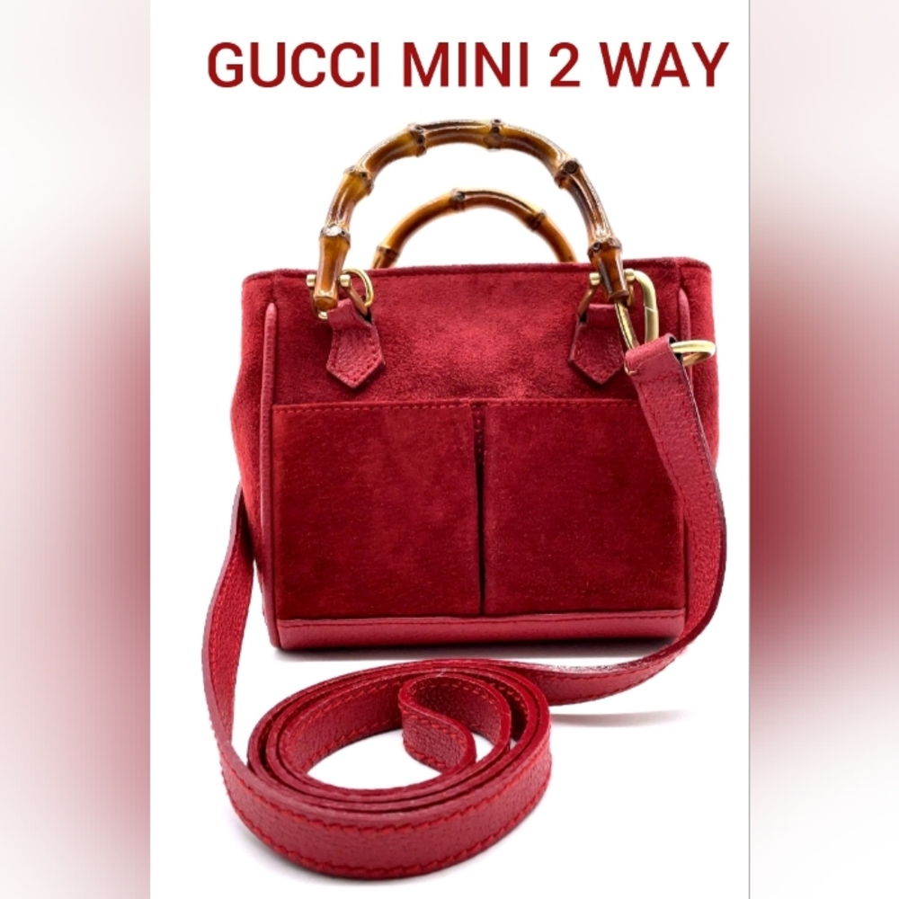 Gucci Red Suede Mini Satchel Handbag/Shoulder Bag W Bamboo Handles & Strap